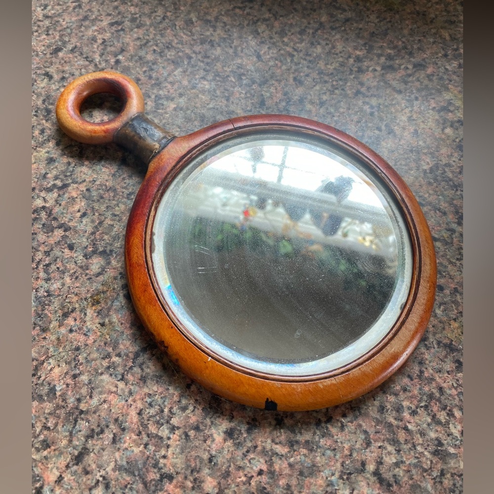 Vintage Round Wooden Hand Mirror in Warm Brown